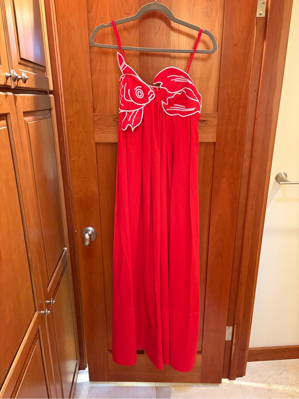 Red Spaghetti-Strap Maxi Dress with Fish Appliqué